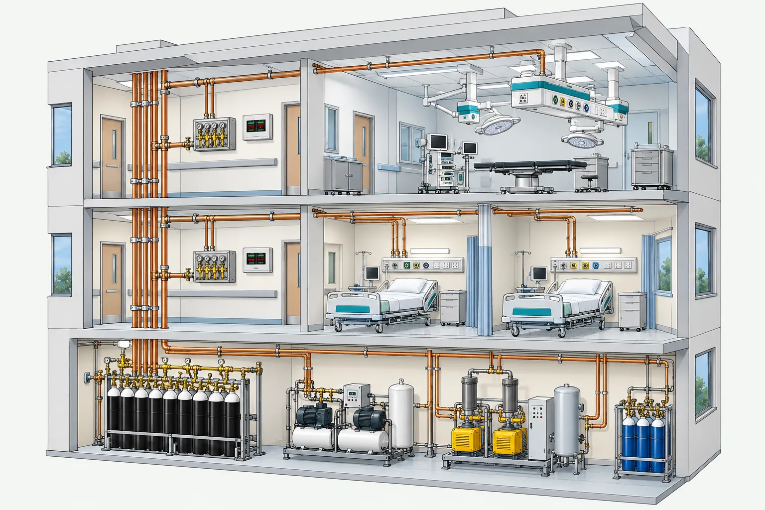 Cutaway drawing of a hospital. In the basement plant room: oxygen cylinders, air compressors, vacuum pumps and nitrous oxide cylinders. Copper pipes rise to a ward with bedhead panels and to an operating theatre on the top floor.