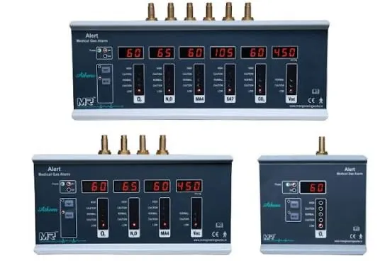 Three medical gas alarm panels with red digital displays and status lamps.