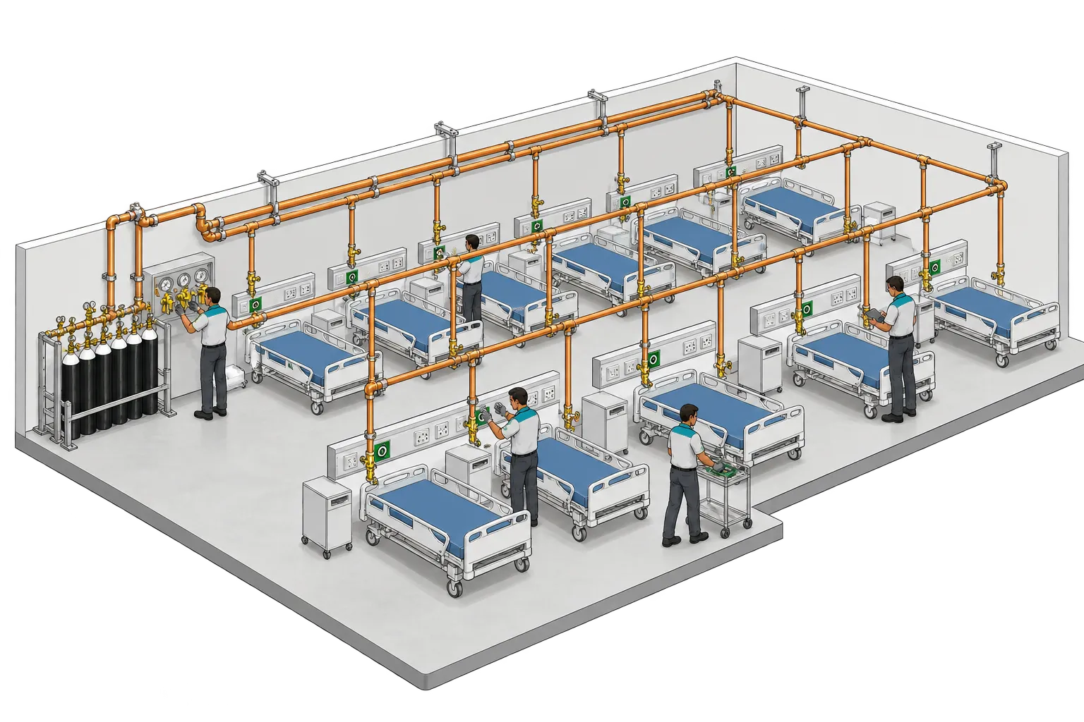 Drawing of a large ward with rows of beds, each with a bedhead panel fed by overhead copper pipes.